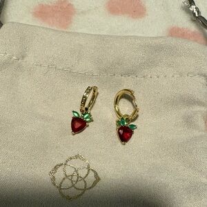 Strawberry Gold Huggie Earrings in Dark Pink Crystal